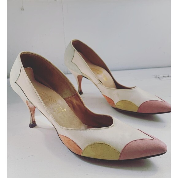 60s Off White Heels Pointy Toe 8 Narrow Vintage Midcentury Shoes Johansen - Picture 8 of 10